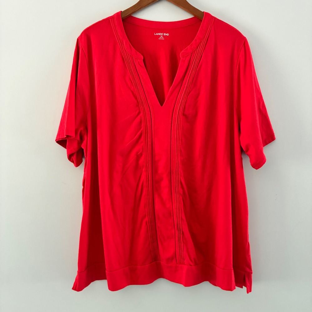 Lands End Top Womens 3X Red Pintuck Split V-Neck Short Sleeve Cotton Blouse